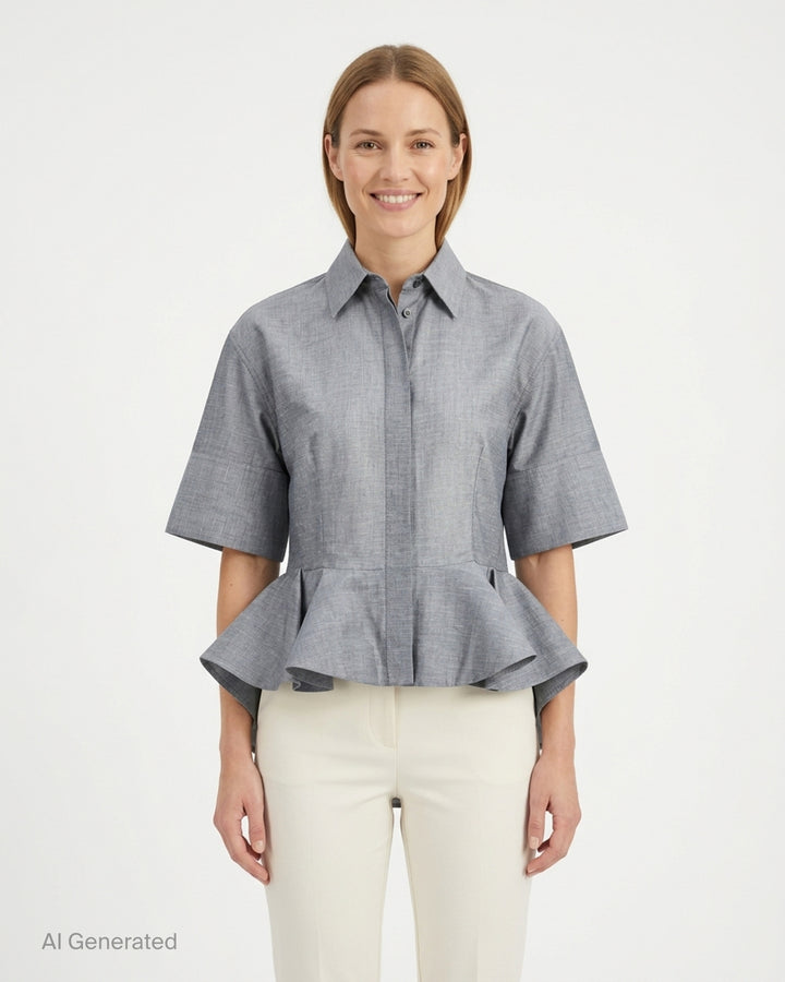 Stella McCartney white cotton poplin peplum shirt with wide elbow-length sleeves, pointed collar, concealed button placket, and structured flared peplum hem - front