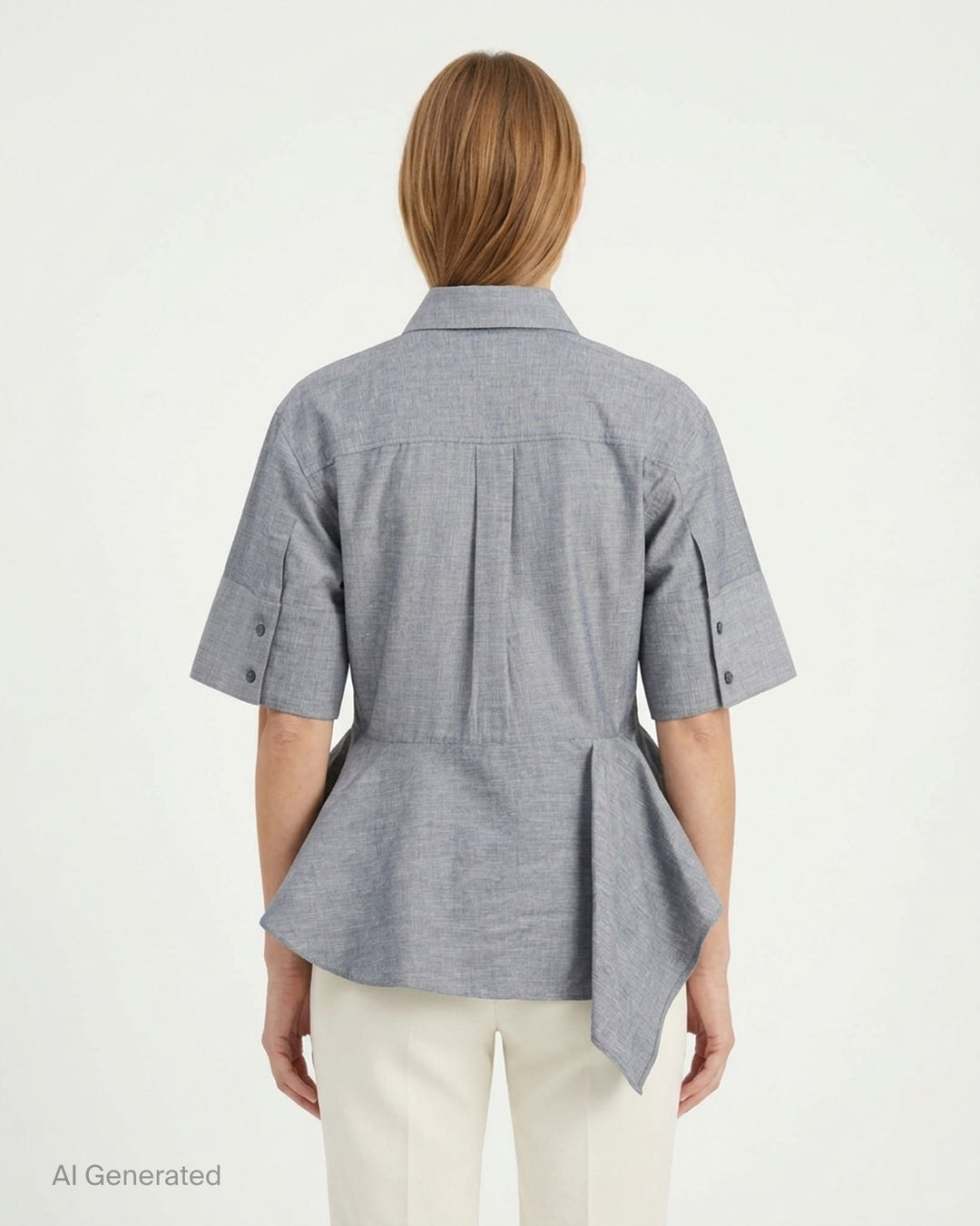 Stella McCartney white cotton poplin peplum shirt with wide elbow-length sleeves, pointed collar, concealed button placket, and structured flared peplum hem - back