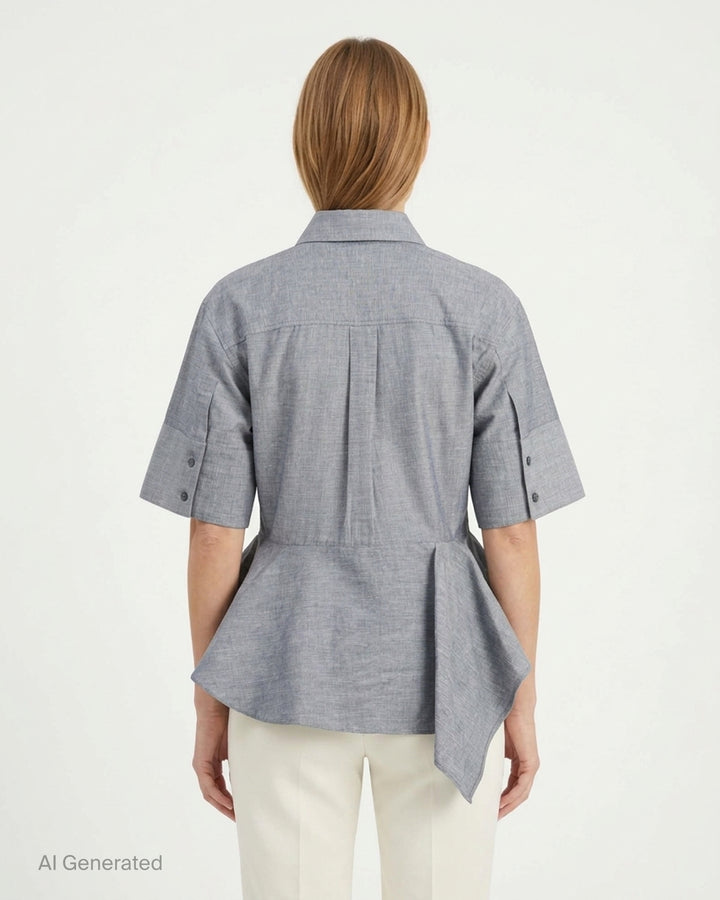 Stella McCartney white cotton poplin peplum shirt with wide elbow-length sleeves, pointed collar, concealed button placket, and structured flared peplum hem - back