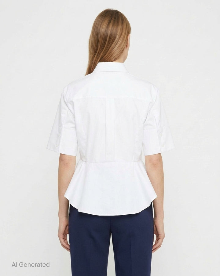 Stella McCartney white cotton poplin peplum shirt with wide elbow-length sleeves, pointed collar, concealed button placket, and structured flared peplum hem - back