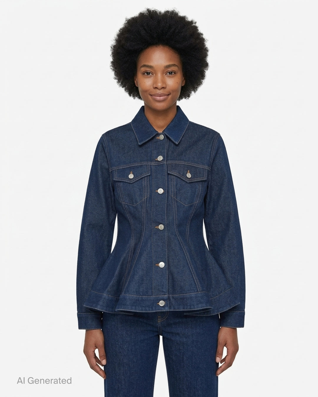 Stella McCartney peplum denim jacket in dark indigo with flared hem, chest flap pockets, silver buttons and contrast stitching - front