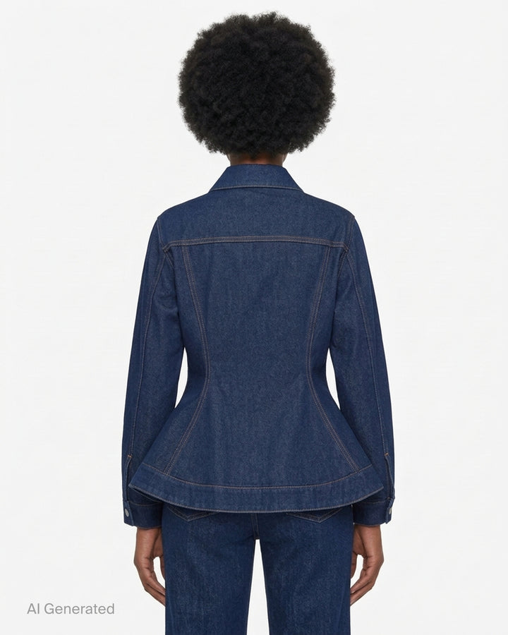 Stella McCartney peplum denim jacket in dark indigo with flared hem, chest flap pockets, silver buttons and contrast stitching - back