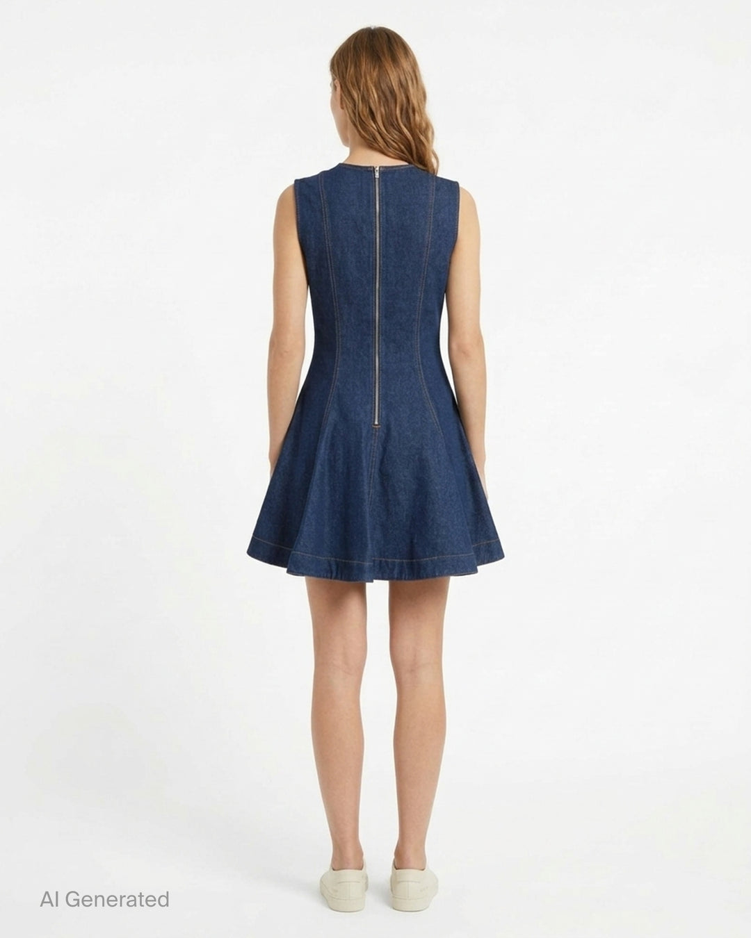Stella McCartney sleeveless dark indigo denim mini dress with contrast topstitching, fitted seamed bodice and flared peplum skirt - back