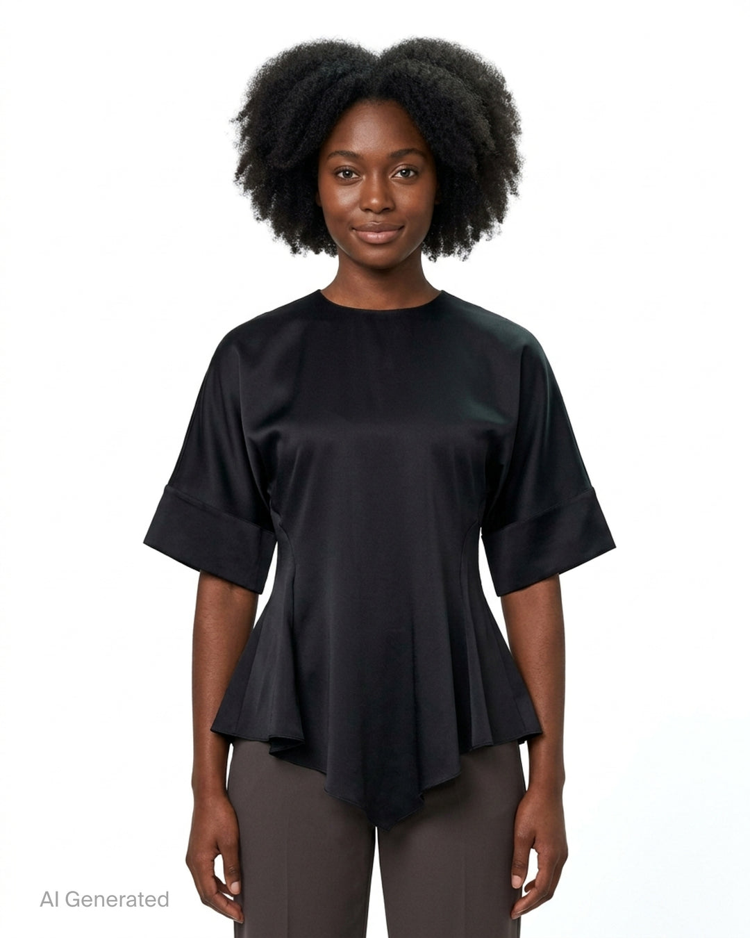 Stella McCartney black satin peplum top with wide folded cuffs, fitted waist, and asymmetric flared hem, photographed on a white background - front