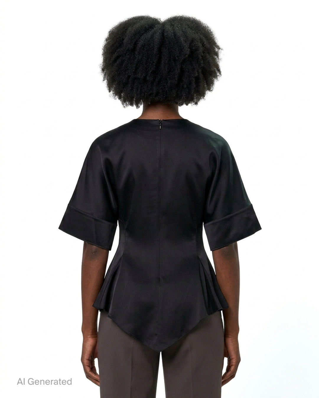 Stella McCartney black satin peplum top with wide folded cuffs, fitted waist, and asymmetric flared hem, photographed on a white background - back