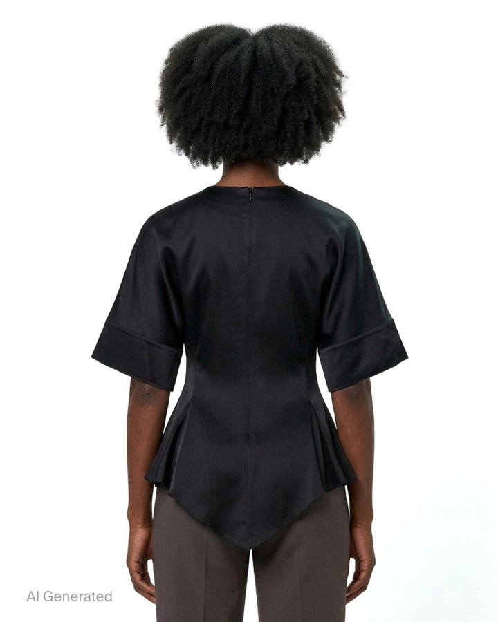 Stella McCartney black satin peplum top with wide folded cuffs, fitted waist, and asymmetric flared hem, photographed on a white background - back