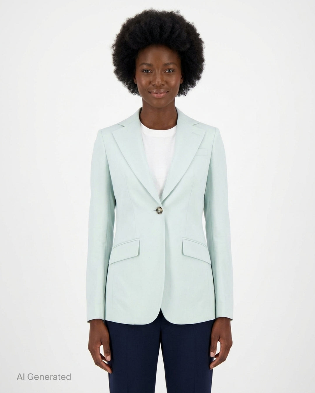 Stella McCartney Slim Flannel Blazer in pale mint with single tortoiseshell button, silver chain collar detail, and hip flap pockets — front view - front