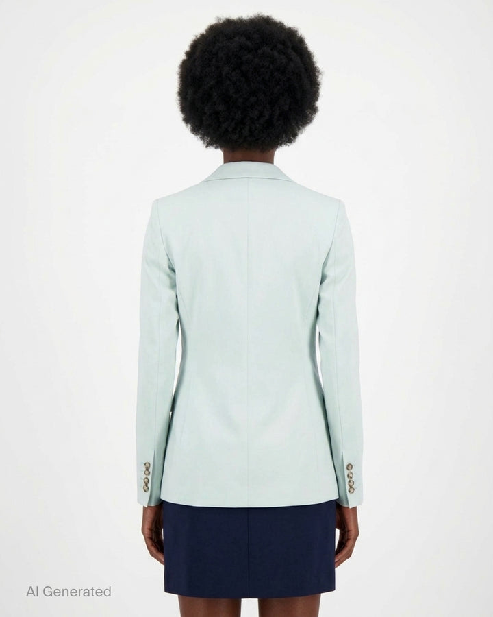 Stella McCartney Slim Flannel Blazer in pale mint with single tortoiseshell button, silver chain collar detail, and hip flap pockets — front view - back