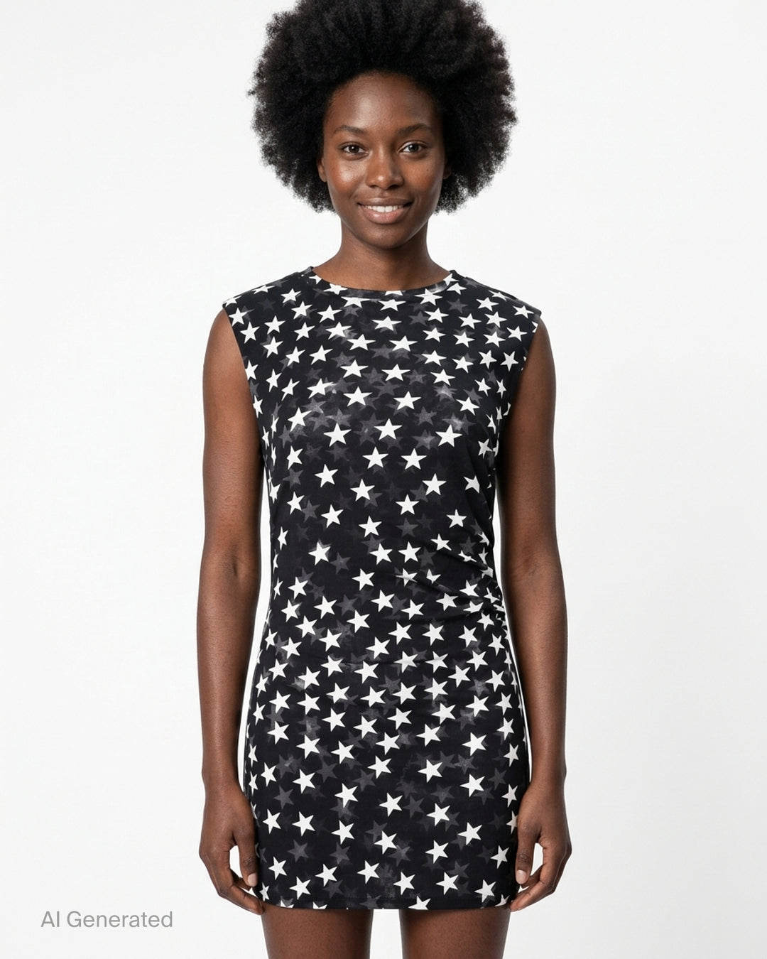 Stella McCartney black sleeveless mini dress in semi-sheer mesh fabric with all-over white star print and gathered ruche waist detail, shown on a flat lay against a white background - front