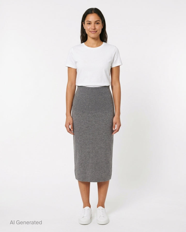 Stella McCartney Wool Knit Pencil Skirt in heathered grey, featuring a wide ribbed high waistband and slim midi-length silhouette - front