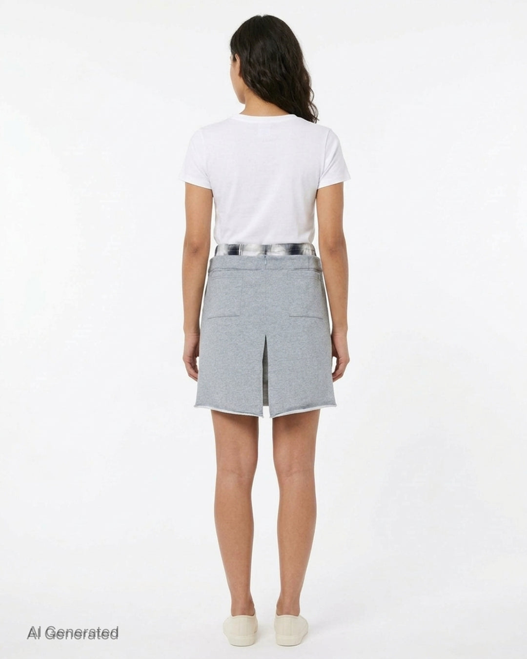 Sultry Virgin Born Mommy Varsity Skirt in heather grey sweatshirt fleece with pink collegiate lettering, drawstring waist, plaid fold-over lining, and front patch pocket - back