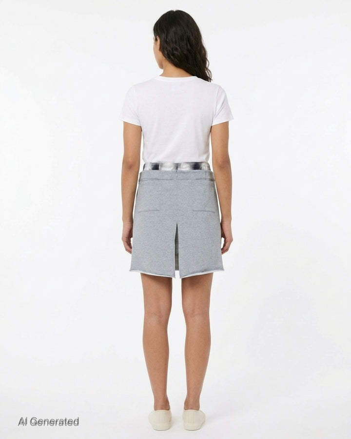 Sultry Virgin Born Mommy Varsity Skirt in heather grey sweatshirt fleece with pink collegiate lettering, drawstring waist, plaid fold-over lining, and front patch pocket - back