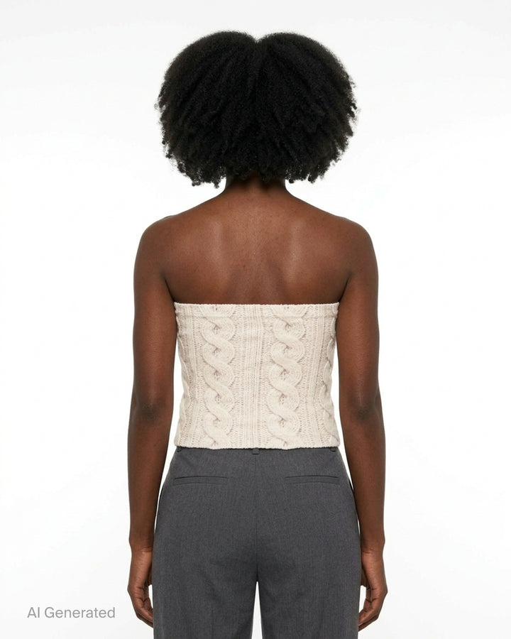 Sultry Virgin cream cable knit print strapless tube top with collegiate 'Virgin Institution' crest graphic at the hem, photographed flat on a white background - back