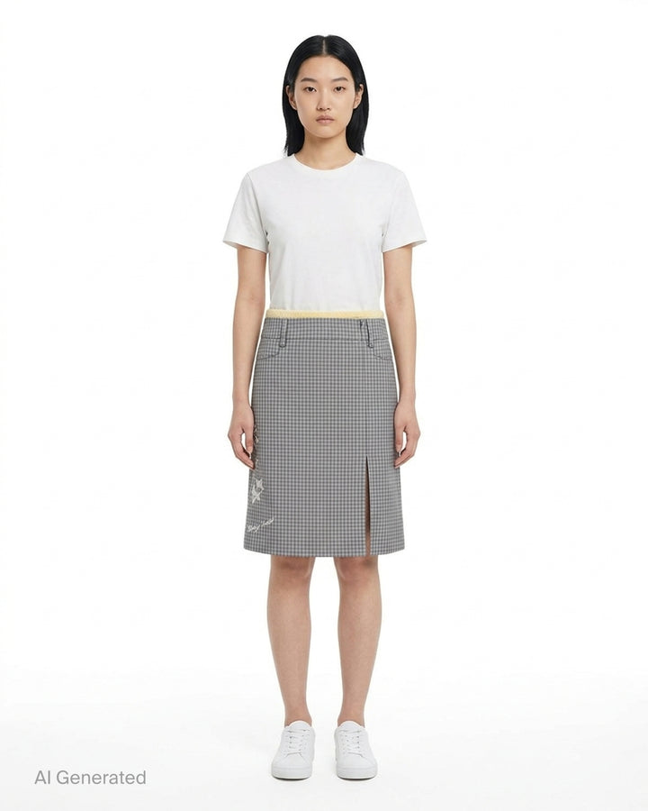 Sultry Virgin Freshman Deconstructed Gingham Skirt in grey check with yellow knit waistband, star embroidery, and 'Baby Angel' script detail on a white background - front