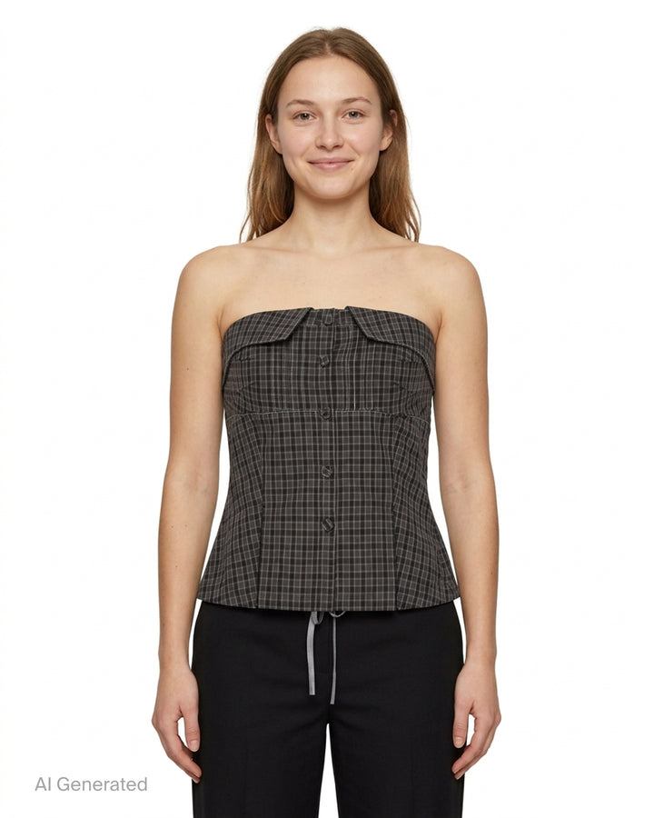 Sultry Virgin Gingham Shirting Tube Top in dark grey check with fold-over collar, self-covered button placket, contrast topstitching, and drawstring tie hem on a white background - front
