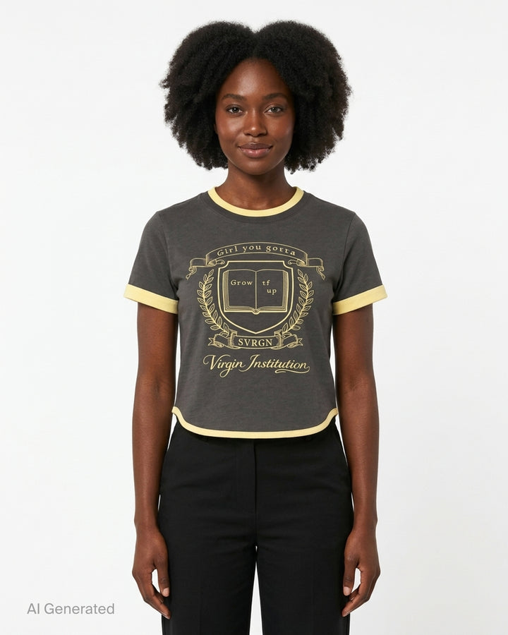 Sultry Virgin Girl Up Crest Tee in vintage-washed charcoal with pale yellow contrast ringer trim and collegiate crest graphic reading 'Girl you gotta Grow tf up' above Virgin Institution branding - front