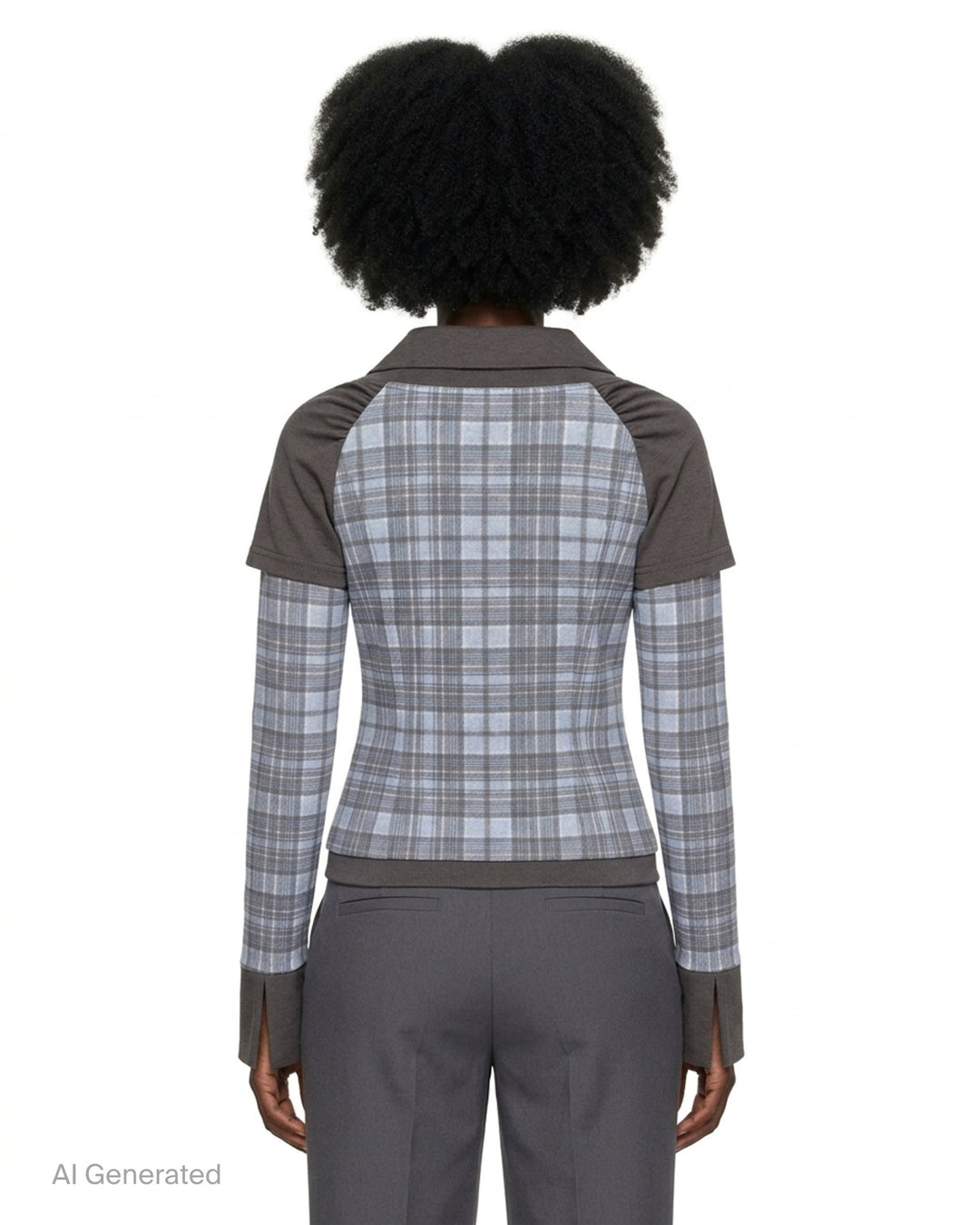 Sultry Virgin Plaid Contrast Top featuring a blue-grey plaid fitted body with an integrated grey jersey collar overlay, long plaid sleeves, split cuffs, and a ribbed hem, styled as a layered two-piece look - back