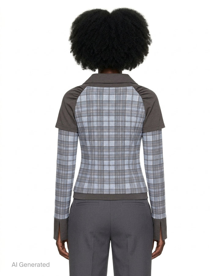 Sultry Virgin Plaid Contrast Top featuring a blue-grey plaid fitted body with an integrated grey jersey collar overlay, long plaid sleeves, split cuffs, and a ribbed hem, styled as a layered two-piece look - back