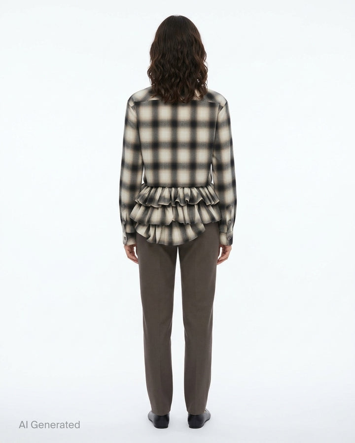 Sultry Virgin plaid tie-waist ruffle shirt in ombre charcoal and ivory check, featuring a point collar, button-front, long sleeves, and voluminous gathered ruffle hem with trailing tie detail - back