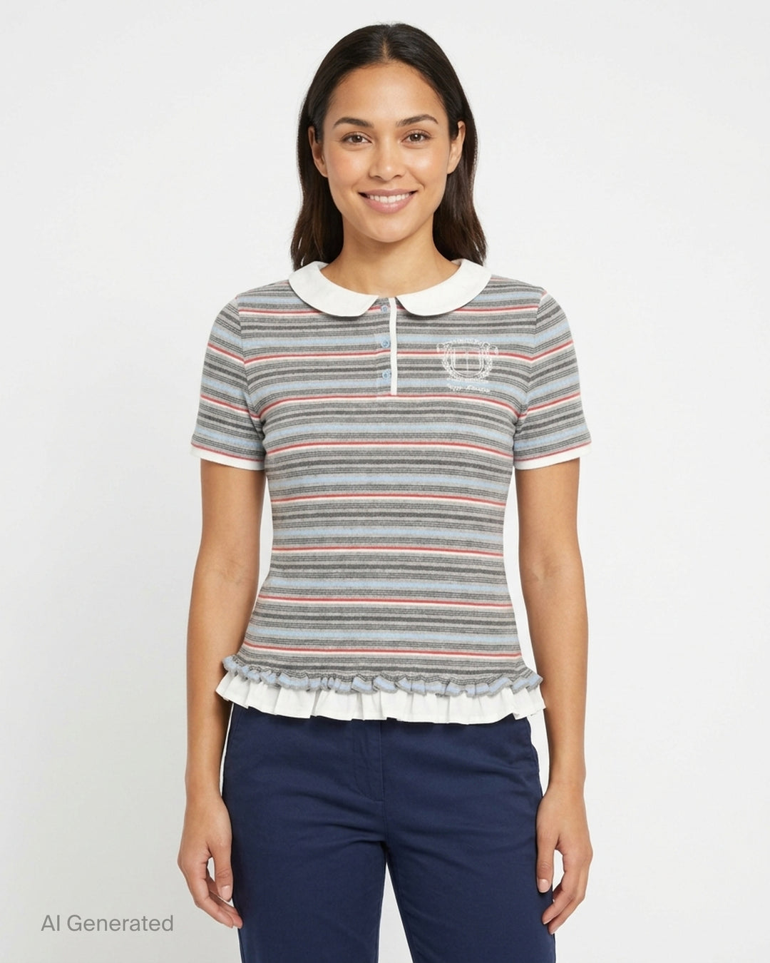 Sultry Virgin Stripe Knit Polo featuring a white Peter Pan collar, short button placket, embroidered crest, multi-stripe knit in grey, blue, and red, and a ruffle hem with sheer tulle trim - front