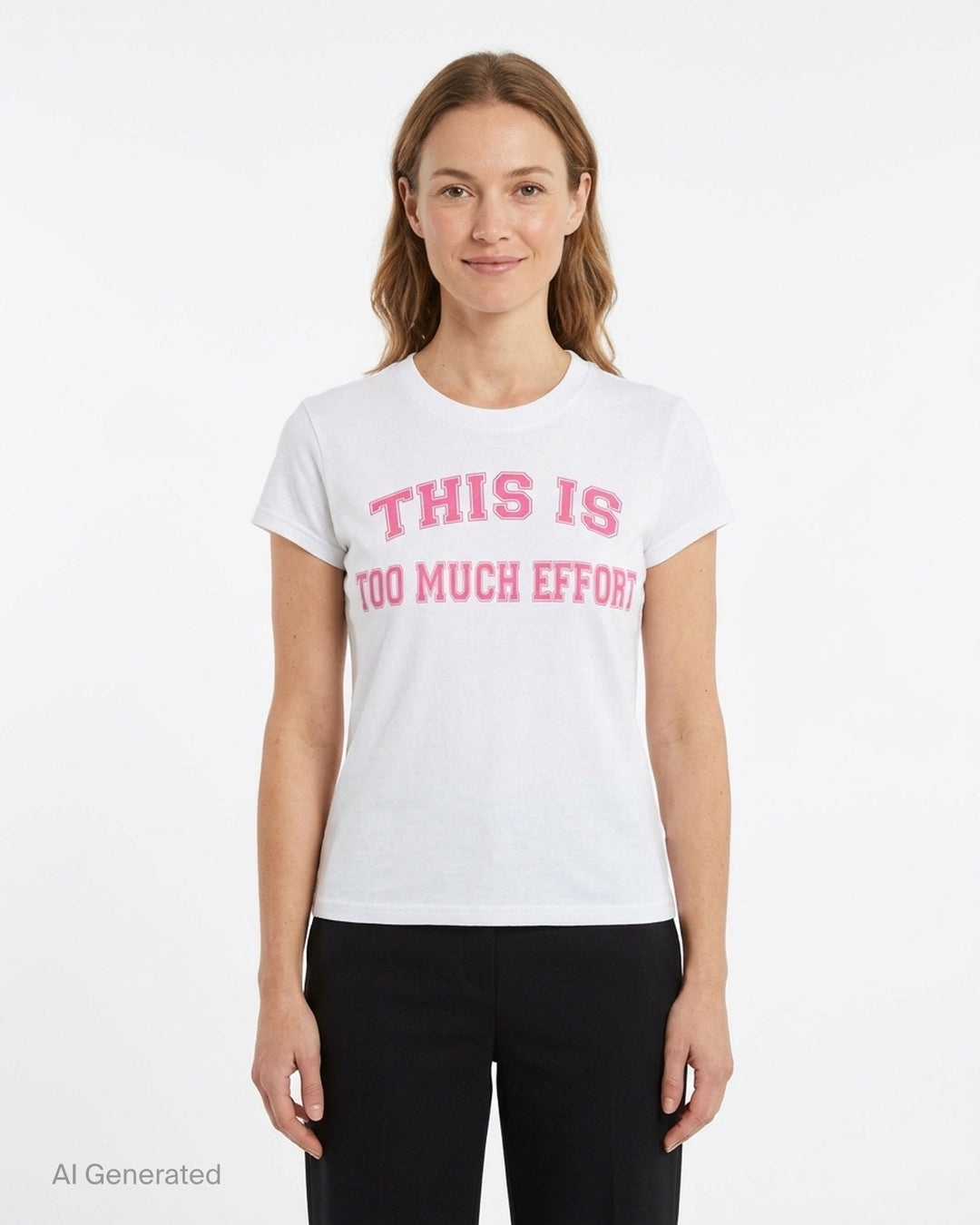 Sultry Virgin white baby tee with bold pink collegiate-style 'This Is Too Much Effort' slogan print on the chest, crew neckline, short sleeves, fitted silhouette - front