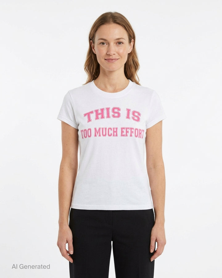 Sultry Virgin white baby tee with bold pink collegiate-style 'This Is Too Much Effort' slogan print on the chest, crew neckline, short sleeves, fitted silhouette - front