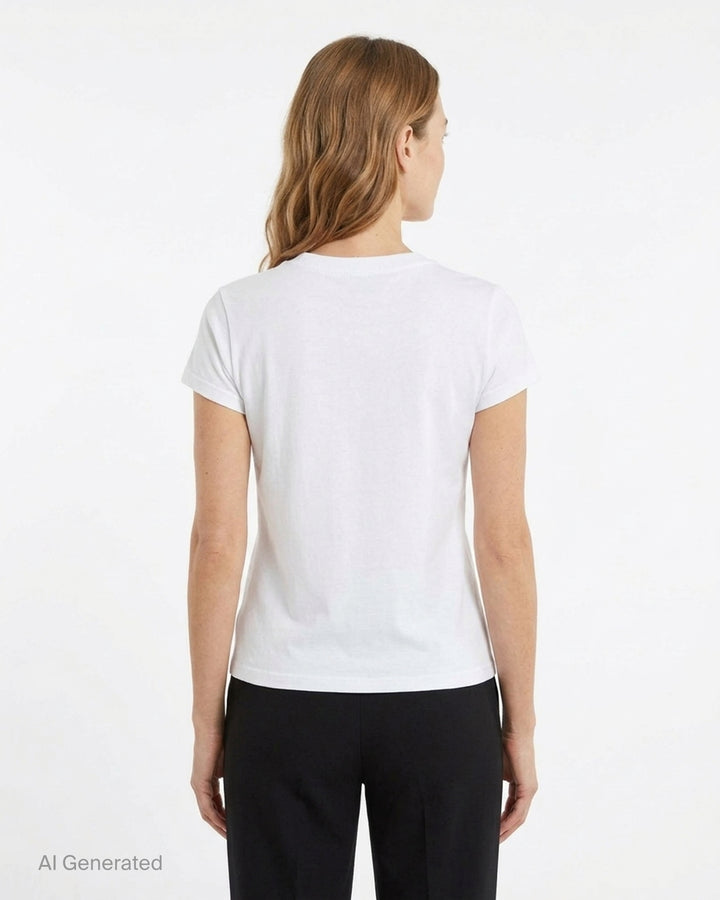 Sultry Virgin white baby tee with bold pink collegiate-style 'This Is Too Much Effort' slogan print on the chest, crew neckline, short sleeves, fitted silhouette - back