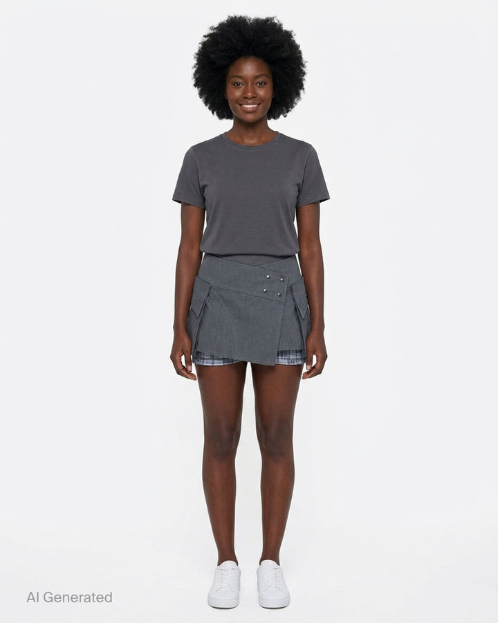 Sultry Virgin Utility Cargo Skort in grey suiting fabric, featuring a crossover wrap waistband with snap buttons, layered pleated panels, cargo pocket detailing, and a plaid underlay at the hem - front