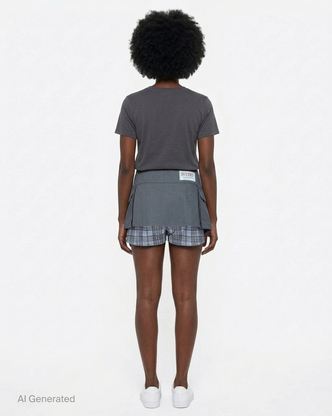 Sultry Virgin Utility Cargo Skort in grey suiting fabric, featuring a crossover wrap waistband with snap buttons, layered pleated panels, cargo pocket detailing, and a plaid underlay at the hem - back