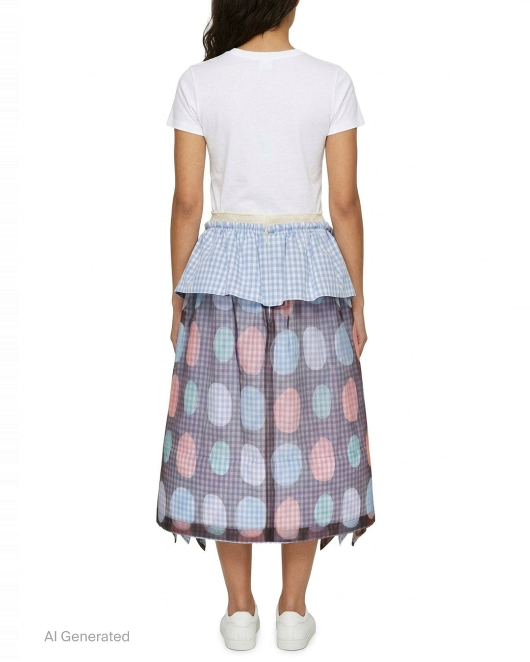 Tao gathered layered midi skirt with blue gingham cotton underlayer, ruffled peplum waist, and semi-sheer pastel polka-dot printed overlay with handkerchief hem edges - back