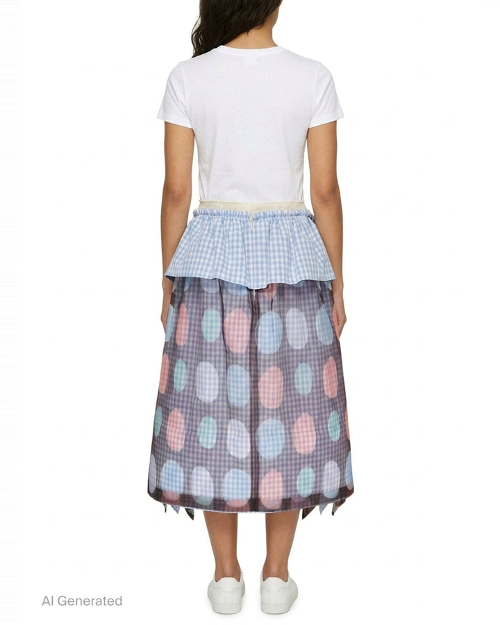 Tao gathered layered midi skirt with blue gingham cotton underlayer, ruffled peplum waist, and semi-sheer pastel polka-dot printed overlay with handkerchief hem edges - back