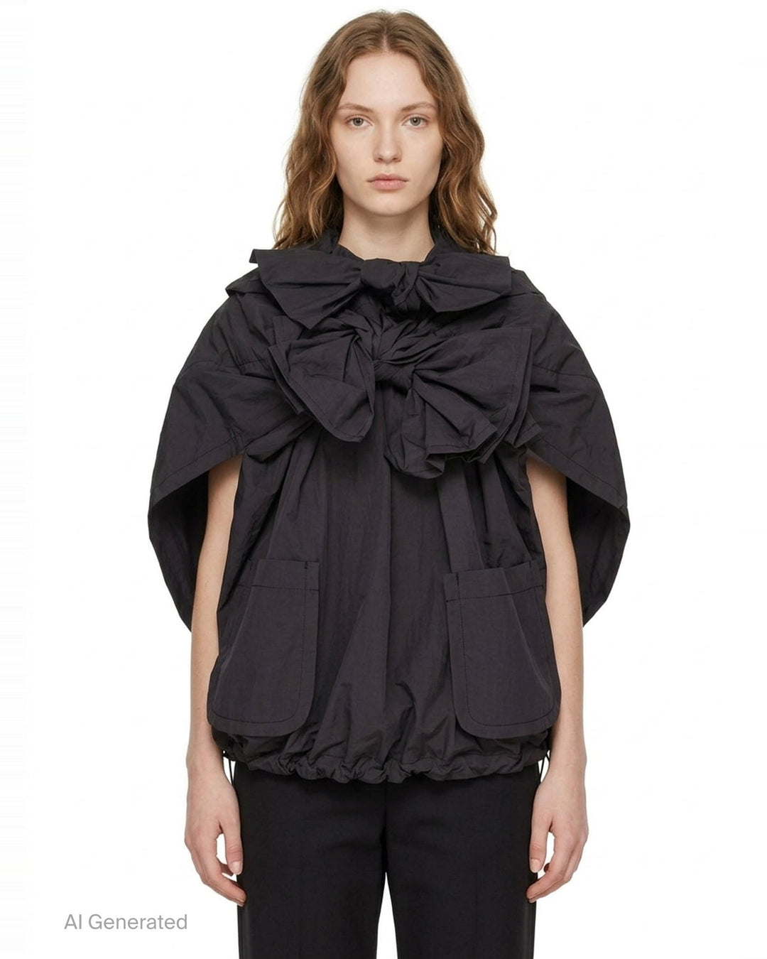 Tao structured cape top in dark charcoal with an oversized gathered bow at the neckline, patch pockets, and a drawstring elasticated hem, displayed on a plain white background - front