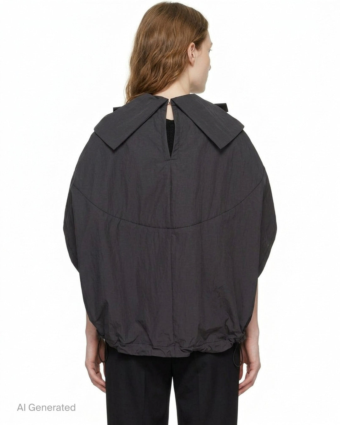 Tao structured cape top in dark charcoal with an oversized gathered bow at the neckline, patch pockets, and a drawstring elasticated hem, displayed on a plain white background - back