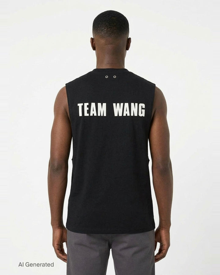 TEAM WANG design Original 1 Jersey Tank Top in black, featuring a structured sleeveless silhouette, crew neckline, and small TEAM WANG logo print at the chest - back