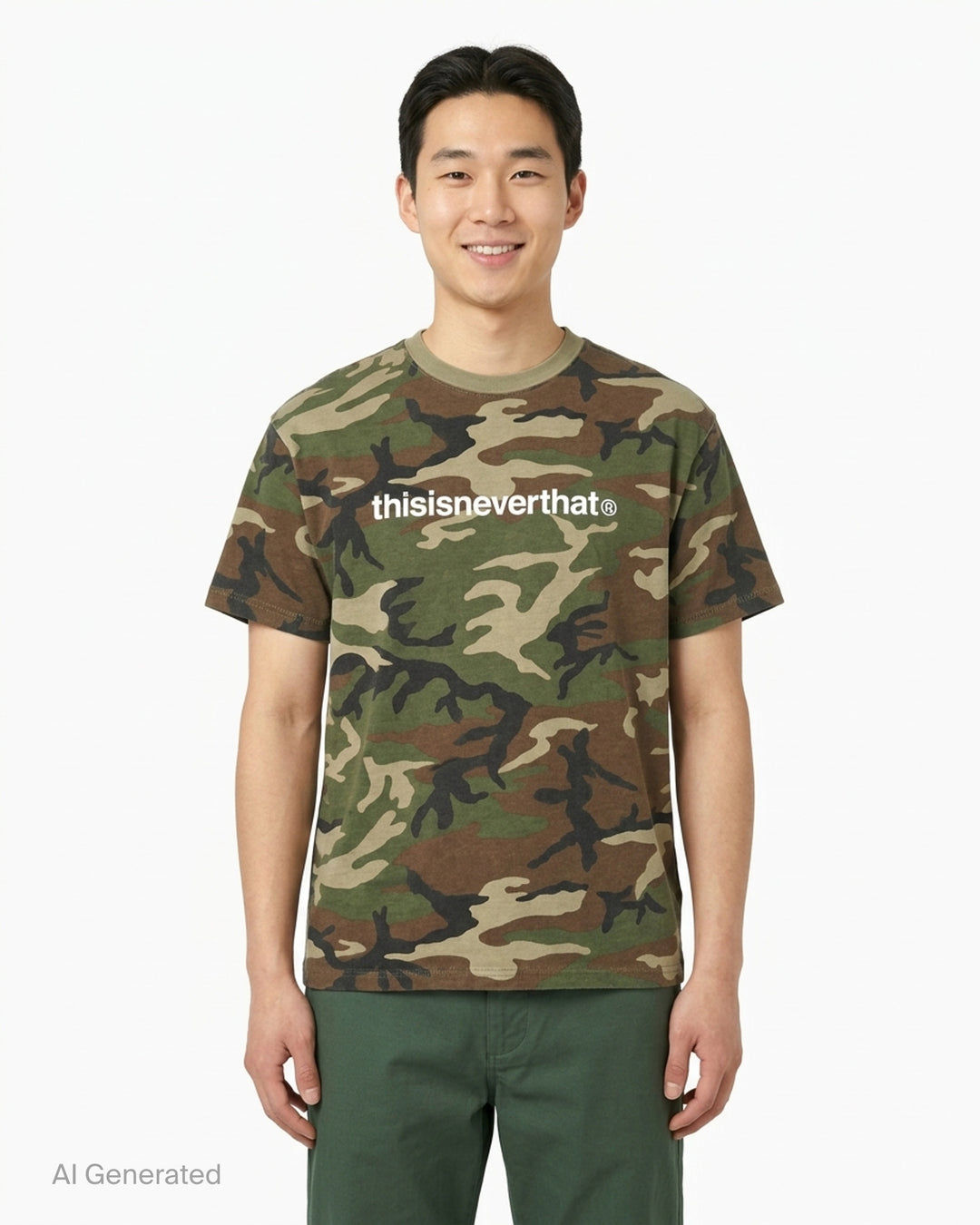 thisisneverthat T-Logo Tee in woodland camouflage with white brand wordmark printed across the chest and ribbed crew neckline - front