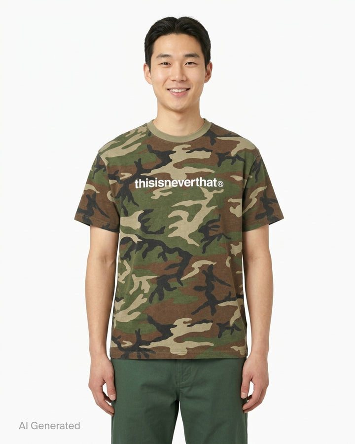 thisisneverthat T-Logo Tee in woodland camouflage with white brand wordmark printed across the chest and ribbed crew neckline - front