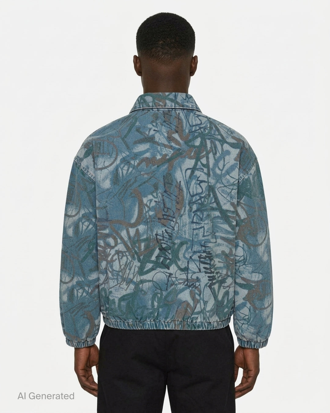thisisneverthat Graffiti Print Denim Blouson Jacket in washed blue with all-over tag-style calligraphic print, full-zip closure, point collar, and elasticated hem and cuffs - back