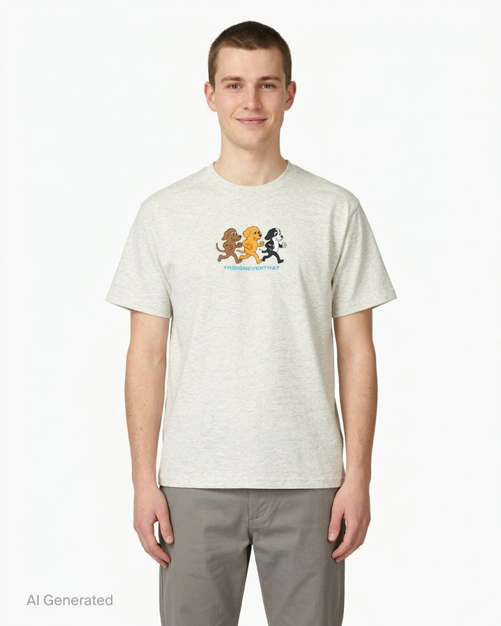 thisisneverthat Running Dogs Graphic Tee in heather grey, featuring a cartoon illustration of three running dogs in brown, golden, and black with the thisisneverthat logo printed below in blue - front