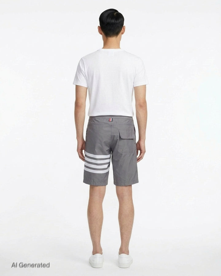Thom Browne grey board shorts with 4-bar white stripe detail on one leg, red and white braided drawstring waist, and woven logo label at the hem - back