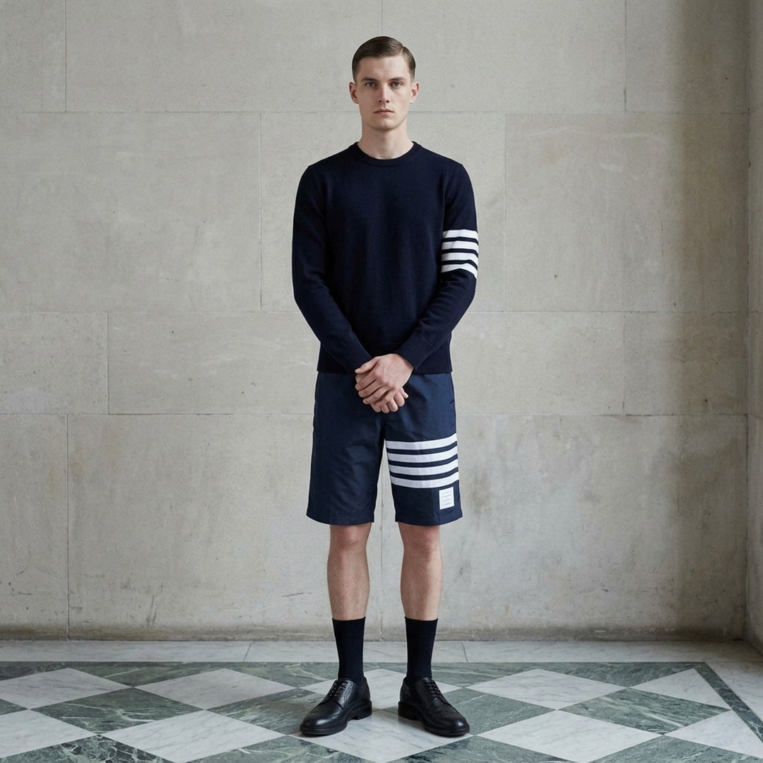 Thom Browne grey board shorts with 4-bar white stripe detail on one leg, red and white braided drawstring waist, and woven logo label at the hem - lifestyle