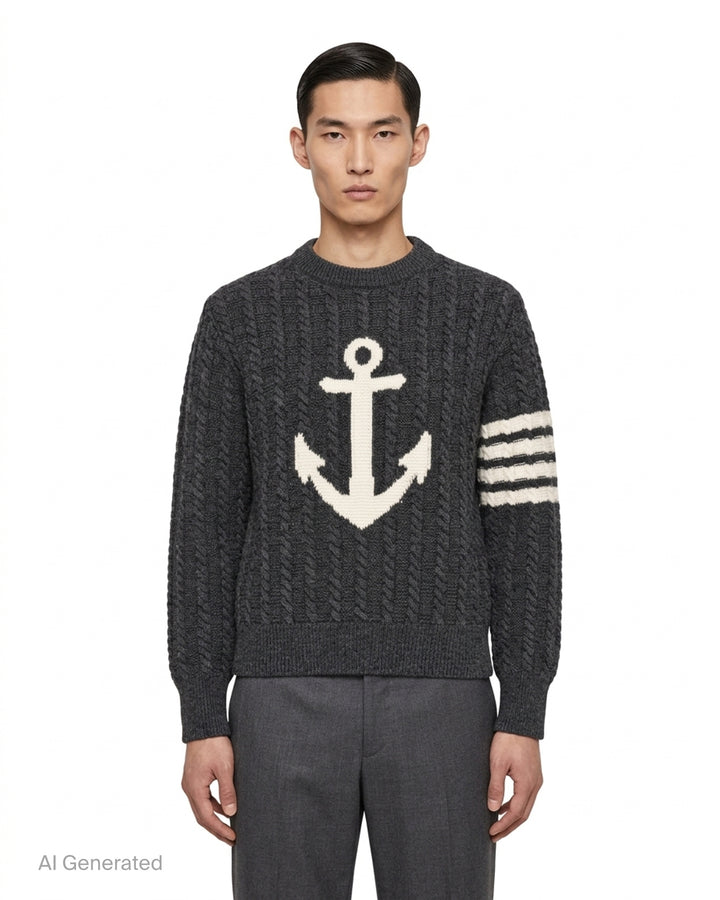 Thom Browne charcoal cable-knit crewneck sweater with cream anchor intarsia on the front and signature 4-bar stripe on the sleeve - front