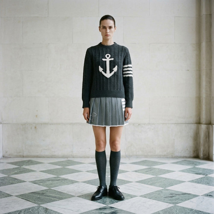 Thom Browne charcoal cable-knit crewneck sweater with cream anchor intarsia on the front and signature 4-bar stripe on the sleeve - lifestyle