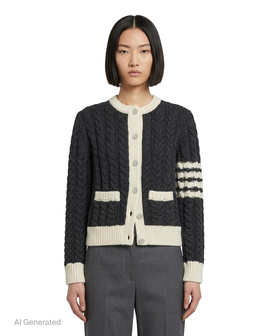 Thom Browne Aran cable-knit crew neck cardigan in charcoal with cream trim, button front, patch pockets and 4-bar stripe on the sleeve - front
