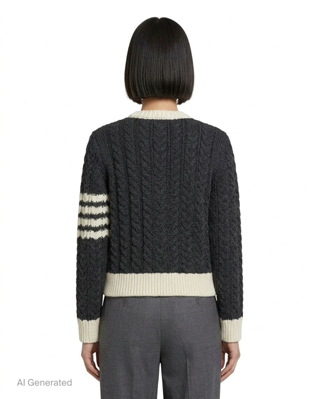 Thom Browne Aran cable-knit crew neck cardigan in charcoal with cream trim, button front, patch pockets and 4-bar stripe on the sleeve - back
