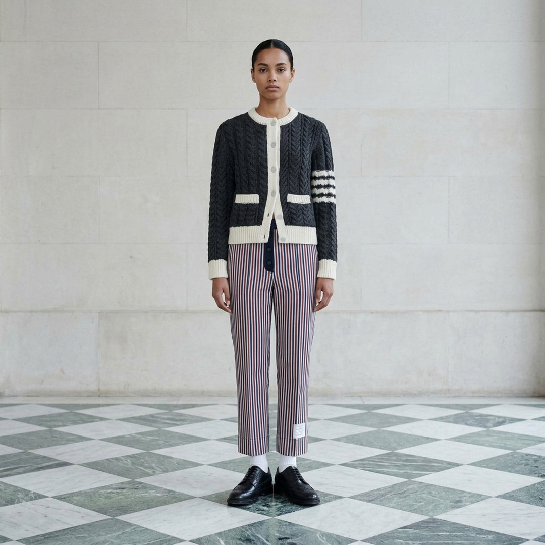 Thom Browne Aran cable-knit crew neck cardigan in charcoal with cream trim, button front, patch pockets and 4-bar stripe on the sleeve - lifestyle