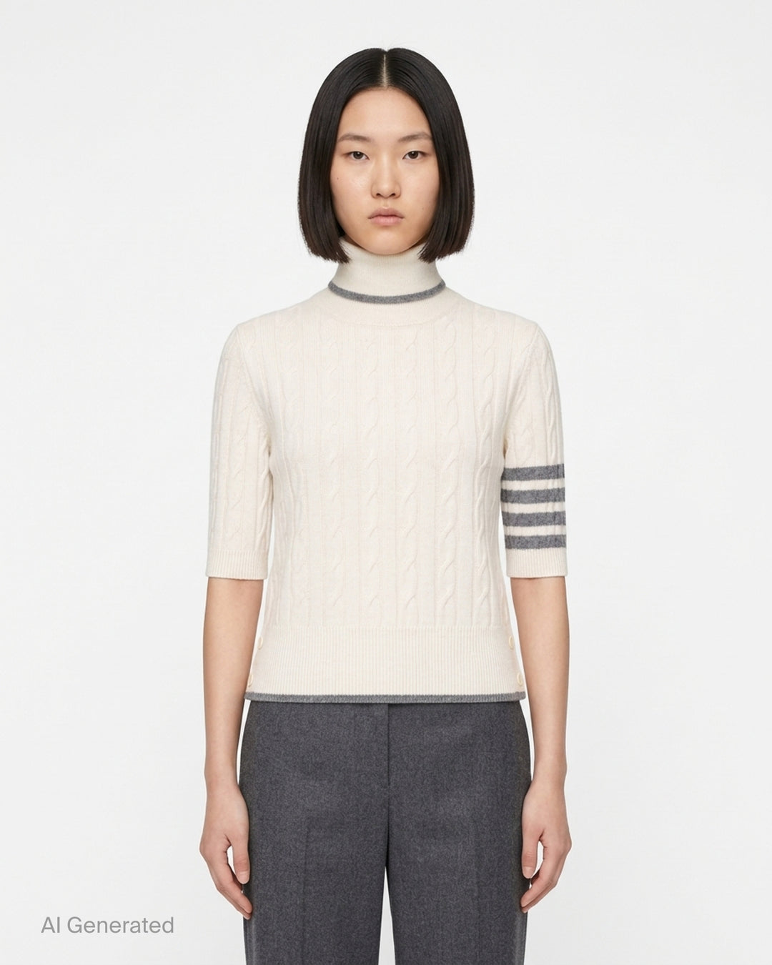 Thom Browne cream baby cable-knit short sleeve turtleneck with grey tipping and 4-bar stripe on the sleeve - front