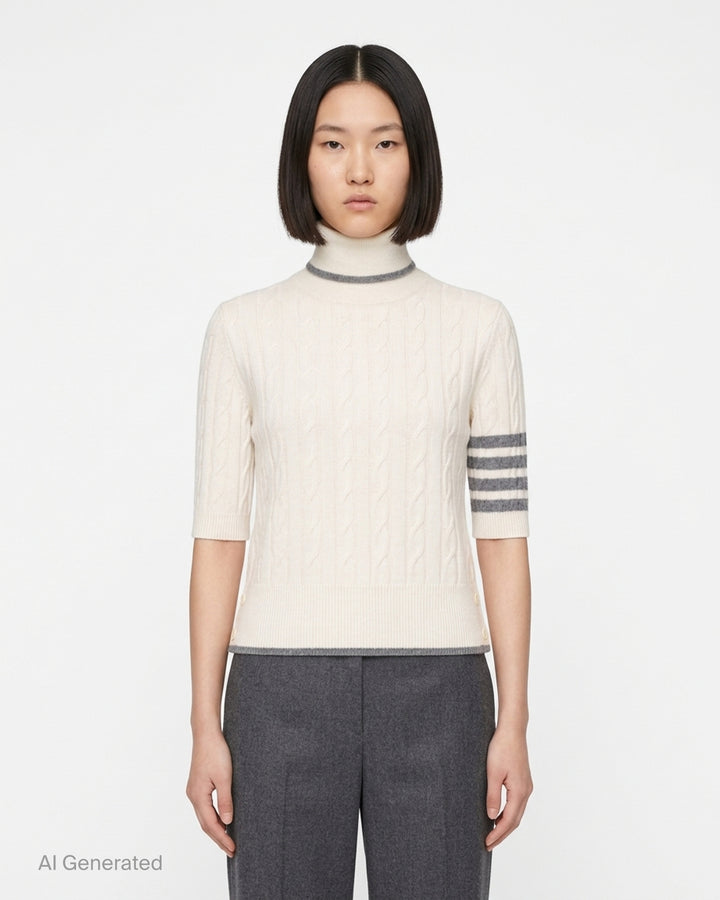 Thom Browne cream baby cable-knit short sleeve turtleneck with grey tipping and 4-bar stripe on the sleeve - front