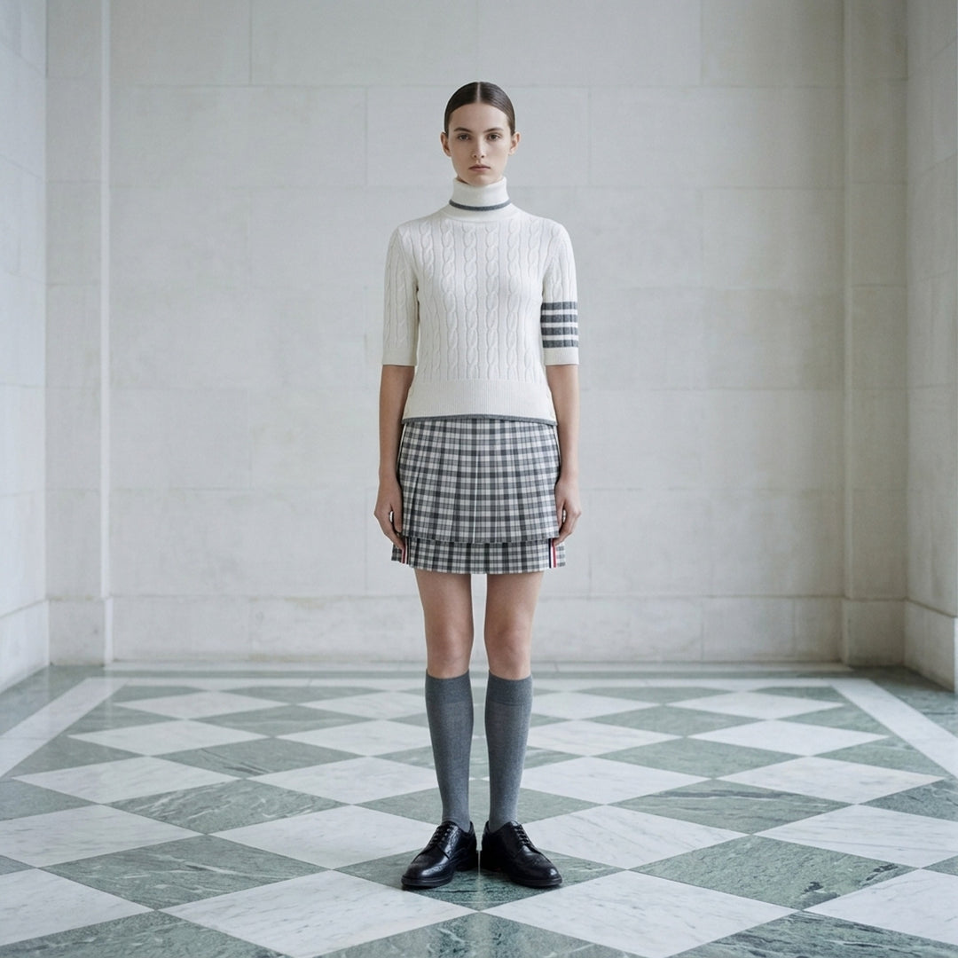 Thom Browne cream baby cable-knit short sleeve turtleneck with grey tipping and 4-bar stripe on the sleeve - lifestyle