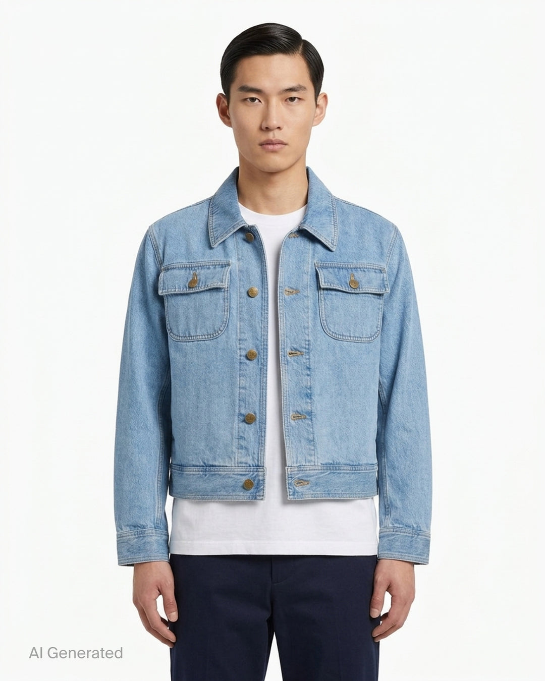 Thom Browne Backstrap Utility Jacket in light-wash denim with twin chest flap pockets and brass buttons, shown from the front - front