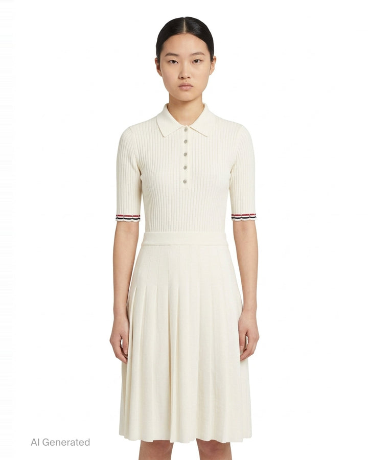 Thom Browne below knee polo dress in ivory ribbed knit with pleated skirt, silver-tone button placket, and signature red, white, and blue stripe cuff trim - front
